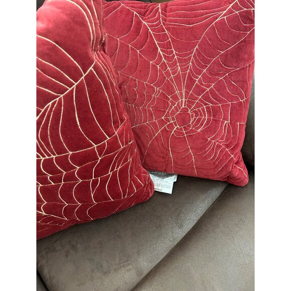 Spiderweb Embroidered Red Velvet Throw Pillow 18" X 18" Square Accent Cushion x2 - Picture 3 of 8
